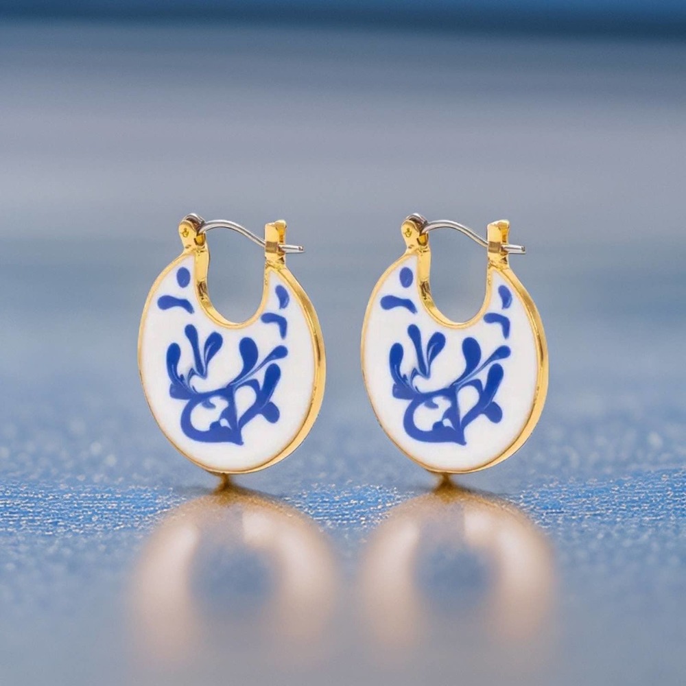 Ceramic Blue And White Circle Porcelain Greek Mediterranean Style Earrings